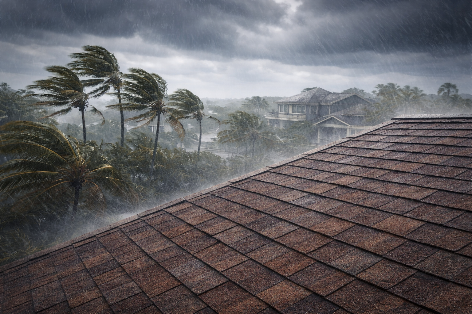 Coastal Florida roof exposed to hurricane winds and heavy rain with palm trees bending during a storm